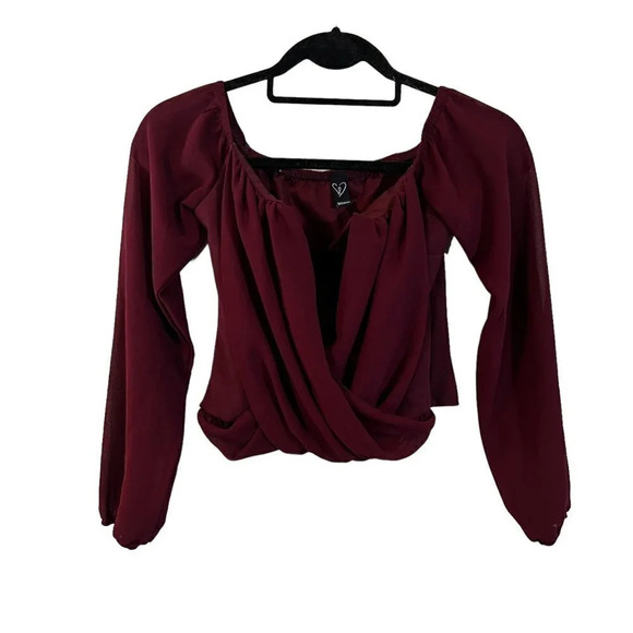 Windsor Dark Red Blouse Size Small Pointed V Neck Chiffon Cropped Long Sleeves - Picture 1 of 5